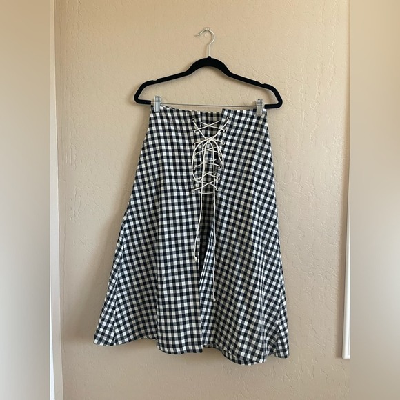 Anthropologie Eva Franco Lace Up Black Gingham Midi Skirt - Picture 2 of 8